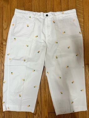 Plus Size 2X Pineapple Print Capri Pants White Preppy Resort Elastic Waist